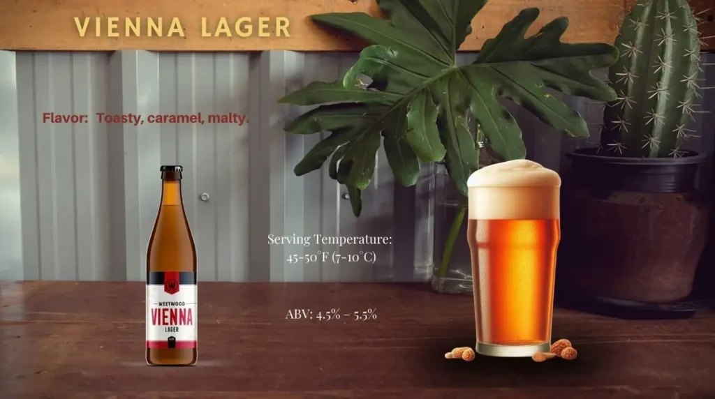 Vienna Lager in a glass with a bottle beside it – featuring amber hues and a toasty malt character."