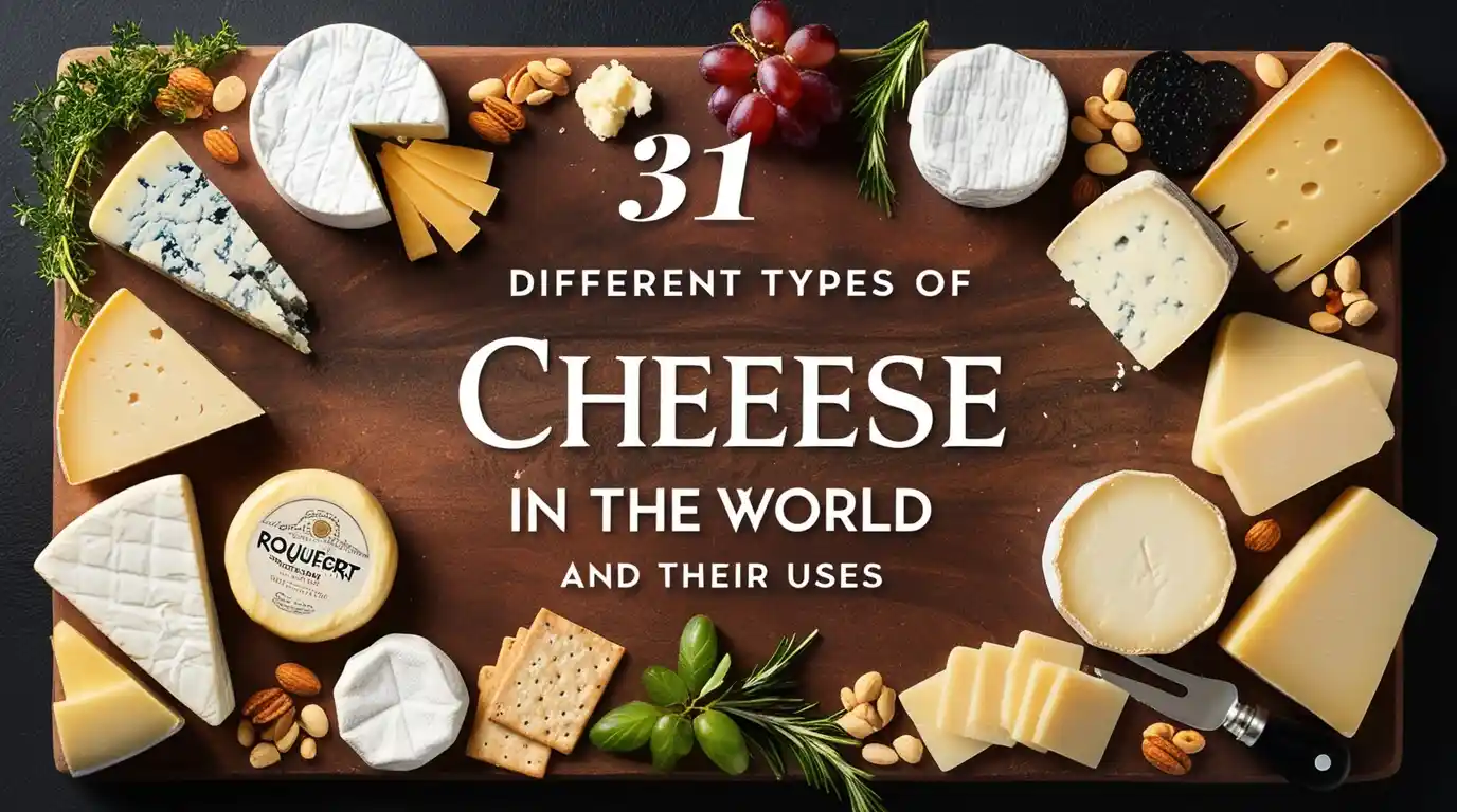 An assortment of 31 different cheeses from around the world, beautifully arranged on a rustic wooden cheese board with grapes, nuts, and crackers.