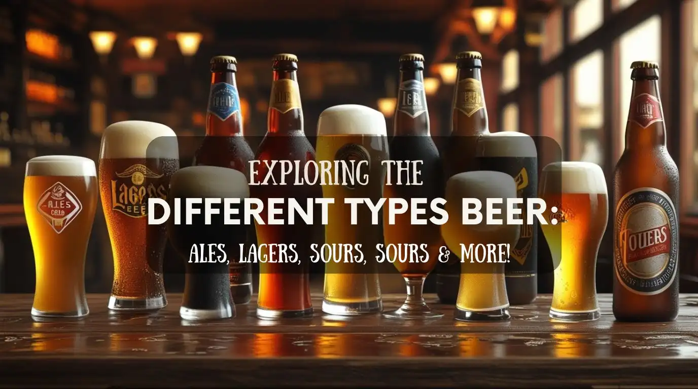 A variety of beer styles, including ales, lagers, stouts, porters, wheat beers, and sours, served in different glasses with matching bottles on a rustic wooden table. The warm pub-style lighting enhances the rich colors and textures of each beer.