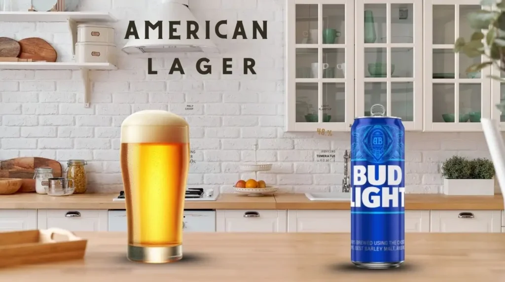 American Light Lager beer in a glass with a bottle can it – a crisp and refreshing beer style."