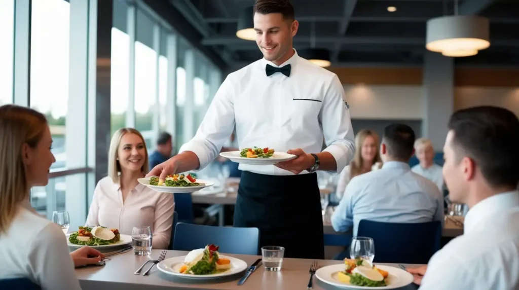A waiter serving pre-plated meals to guests in a casual dining restaurant, ensuring quick and consistent service.