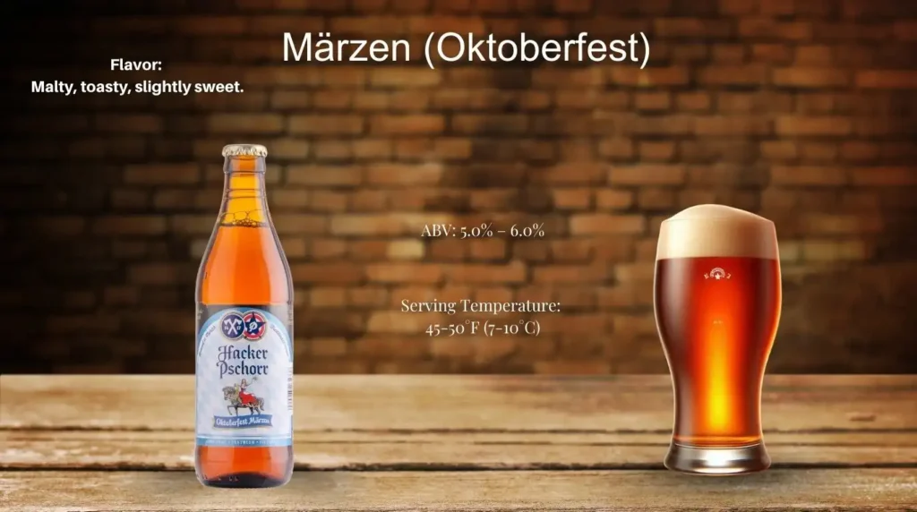Märzen (Oktoberfest) beer in a glass and bottle – a malty, amber-colored German festival beer."