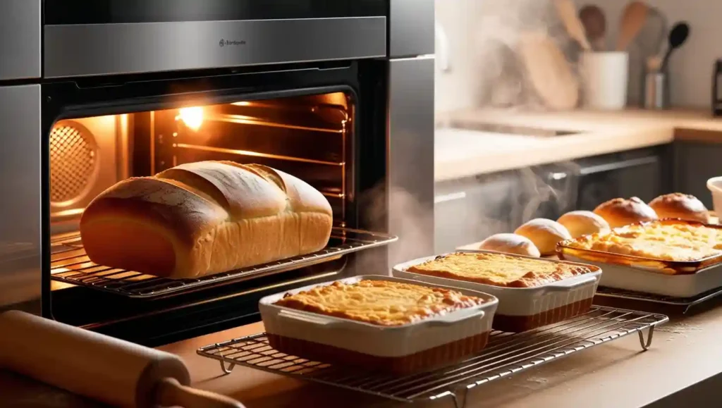 Freshly baked bread inside an oven, with pastries and a casserole on a cooling rack, demonstrating the baking process using dry heat for a golden, crispy texture.