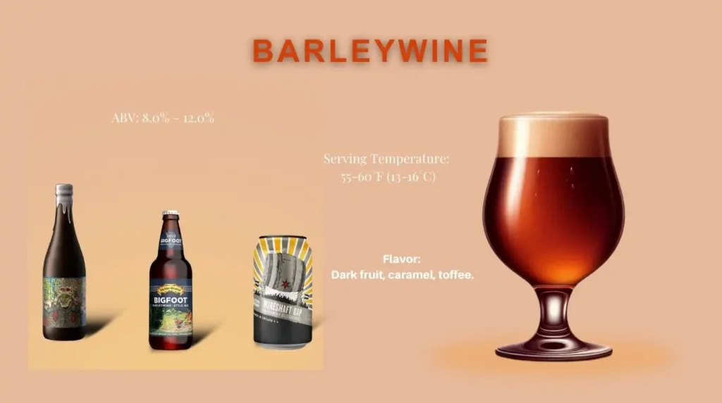 Barleywine beer in a glass and bottle – a strong ale with bold malt sweetness and high alcohol content.