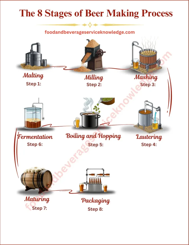 Infographic showing the 8-step beer brewing process: Malting, Milling, Mashing, Lautering, Boiling and Hopping, Fermentation, Maturing, and Packaging. A visual guide to how beer is made from raw ingredients to the final product.