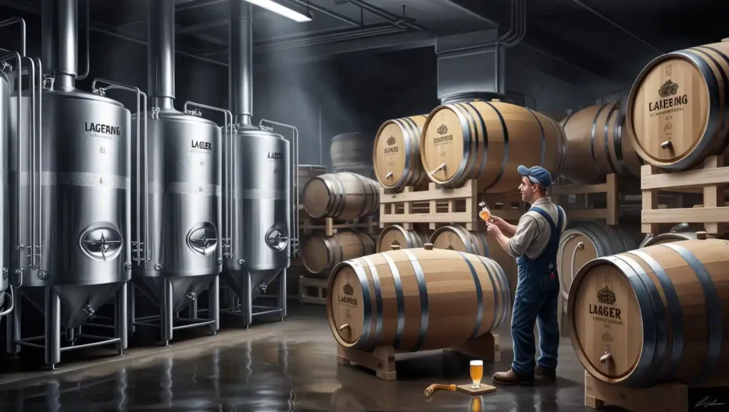 Beer aging in stainless steel tanks and wooden barrels, with a brewer taking a sample to check flavor development.