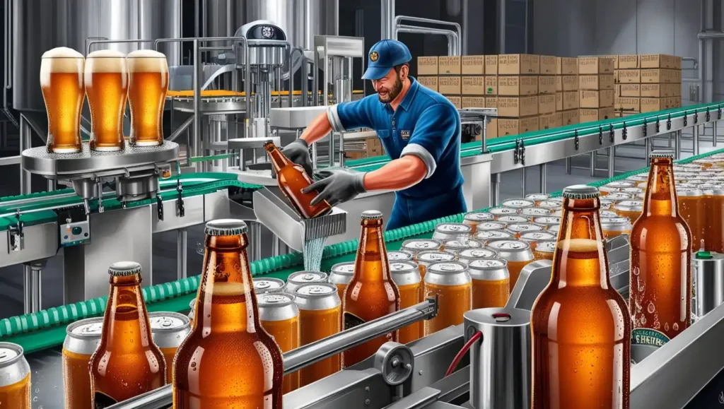 Freshly brewed beer being filled into bottles, cans, and kegs on an automated packaging line, preserving freshness and carbonation.