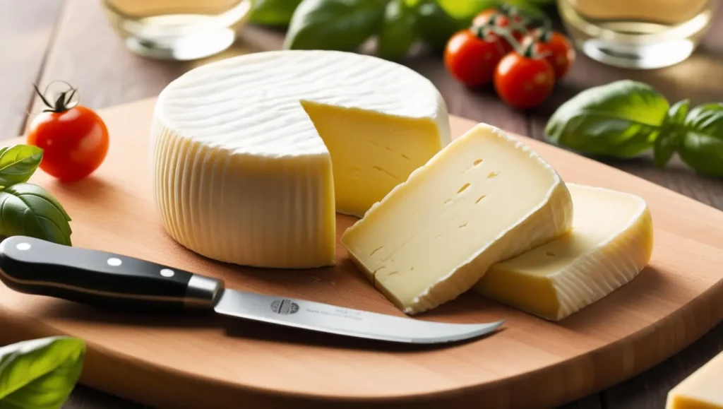 Italian Bel Paese cheese with a creamy texture, sliced on a wooden board with fresh basil and cherry tomatoes.