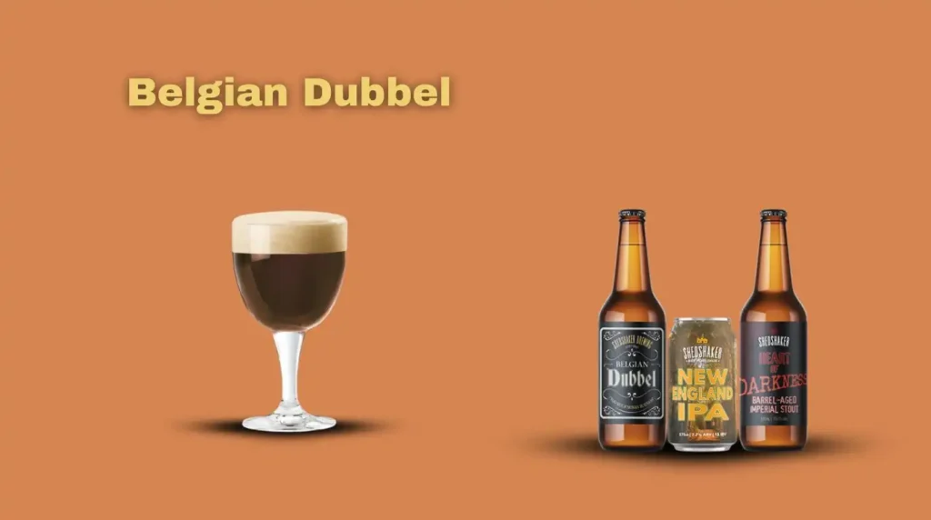 Belgian Dubbel beer in a glass and bottle – a strong, malty beer with caramel and dark fruit notes."