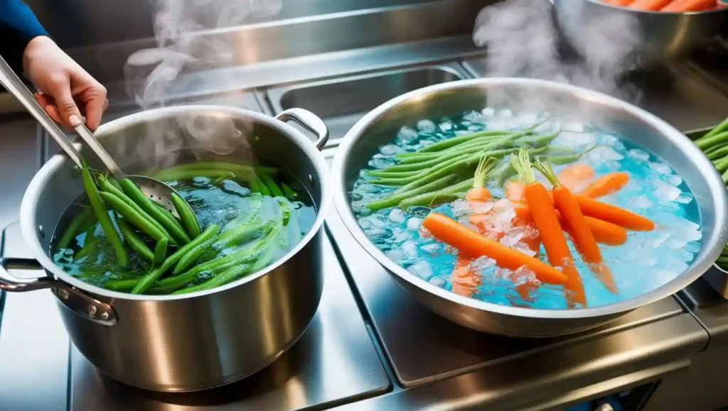A slotted spoon lifting bright green beans from boiling water, transferring them into an ice bath to retain freshness and nutrients.