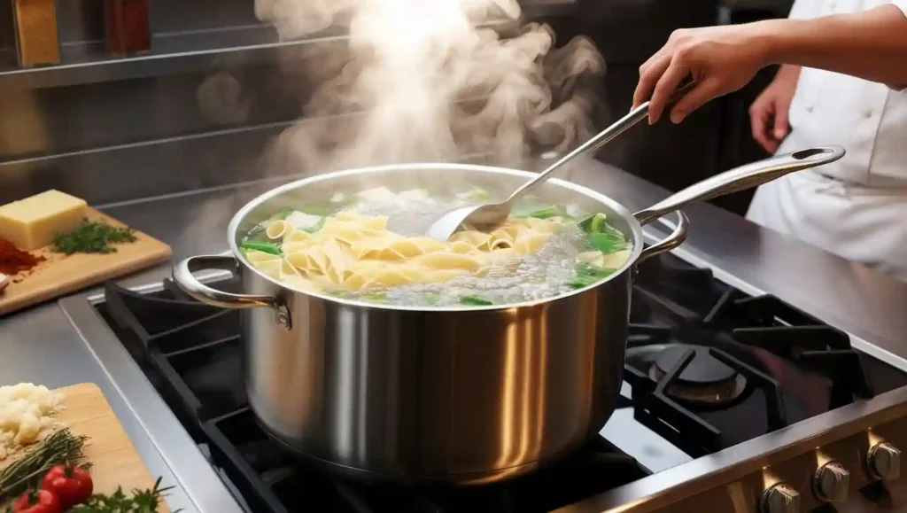 A pot of water at a rolling boil with pasta and vegetables cooking, with steam rising in a professional kitchen.
