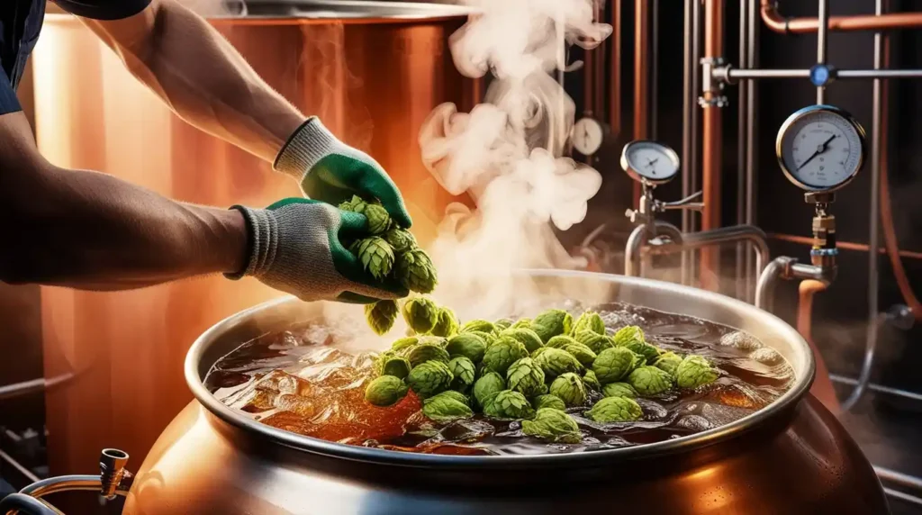 A boiling brew kettle releasing steam as a brewer adds fresh green hop cones, infusing bitterness, aroma, and flavor into the beer.