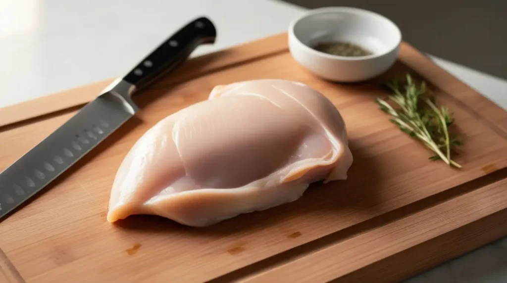 Boneless, skinless chicken breast placed on a wooden butcher’s board, smooth and freshly trimmed, with a chef’s knife beside it and subtle seasoning in the background. Professional food photography with soft natural lighting.