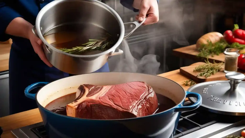 A chef searing beef in a Dutch oven before adding broth and herbs for slow cooking, a classic braising technique.