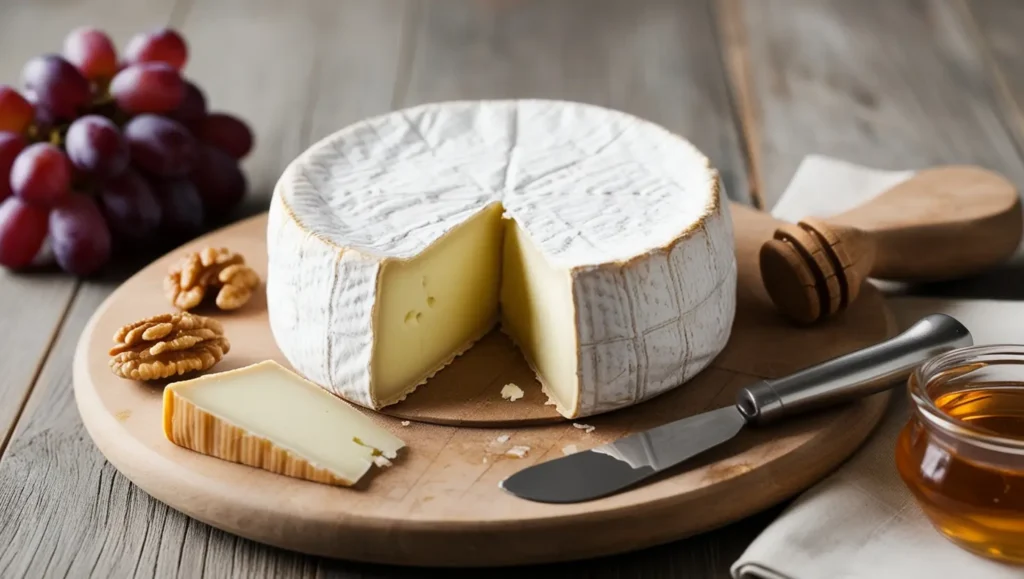 French Brie cheese with a creamy, buttery interior, served on a wooden board with grapes, walnuts, and honey.