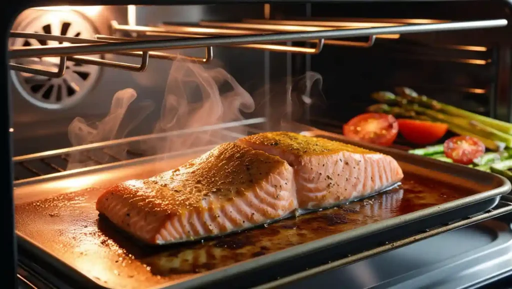 Salmon fillet broiling in an oven, positioned near the top heating element, developing a crispy, golden-brown crust with steam rising from the surface.