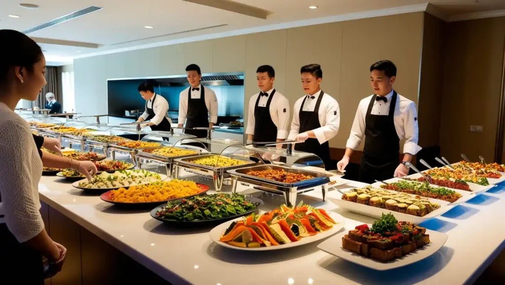 Guests serving themselves at a buffet counter with waitstaff assisting in replenishing dishes and maintaining cleanliness.