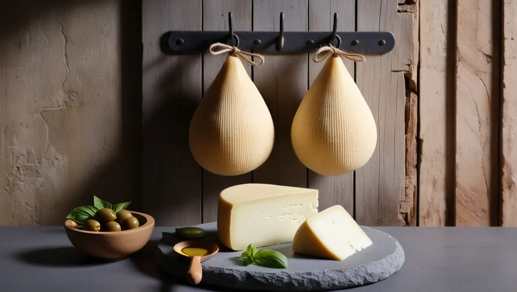 Hanging Caciocavallo cheese with a sliced portion on a stone countertop, accompanied by olives and fresh basil.
