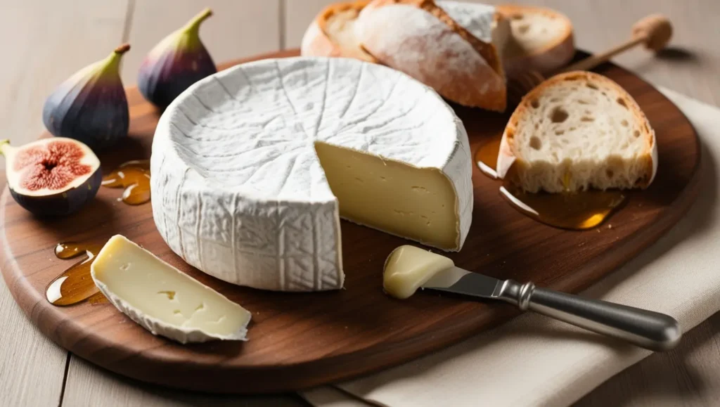 French Camembert cheese with a creamy interior and edible white rind, served with figs, bread, and honey.