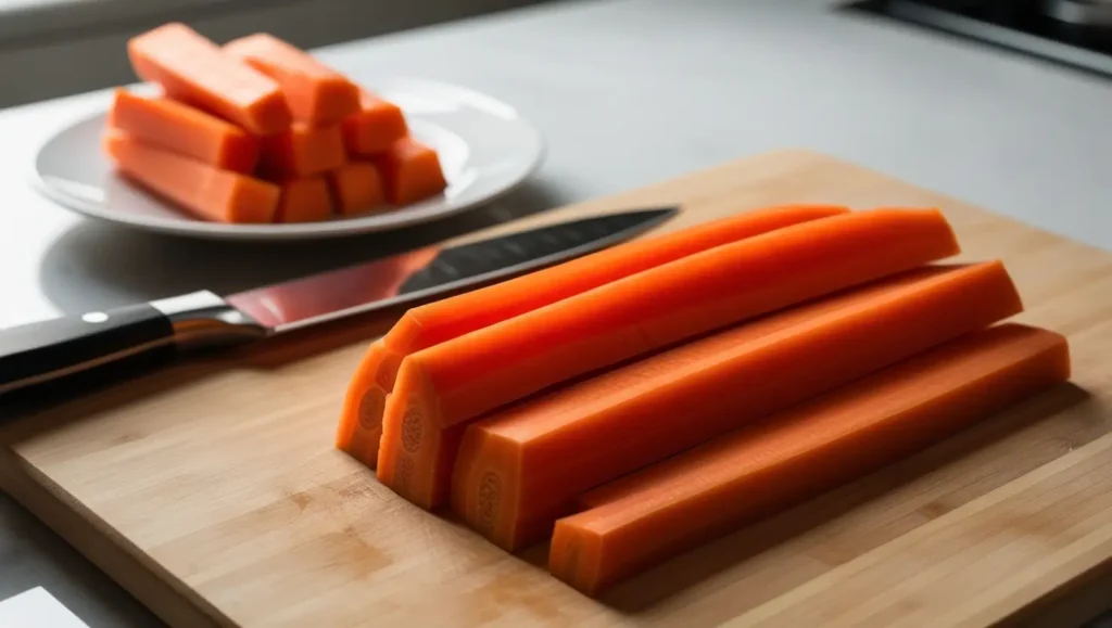  A realistic image of a single carrot cut into thick, uniform baton sticks, placed on a wooden cutting board with a chef’s knife beside them. The background features a white ceramic plate holding neatly stacked carrot batons, highlighting their clean, precise shape.