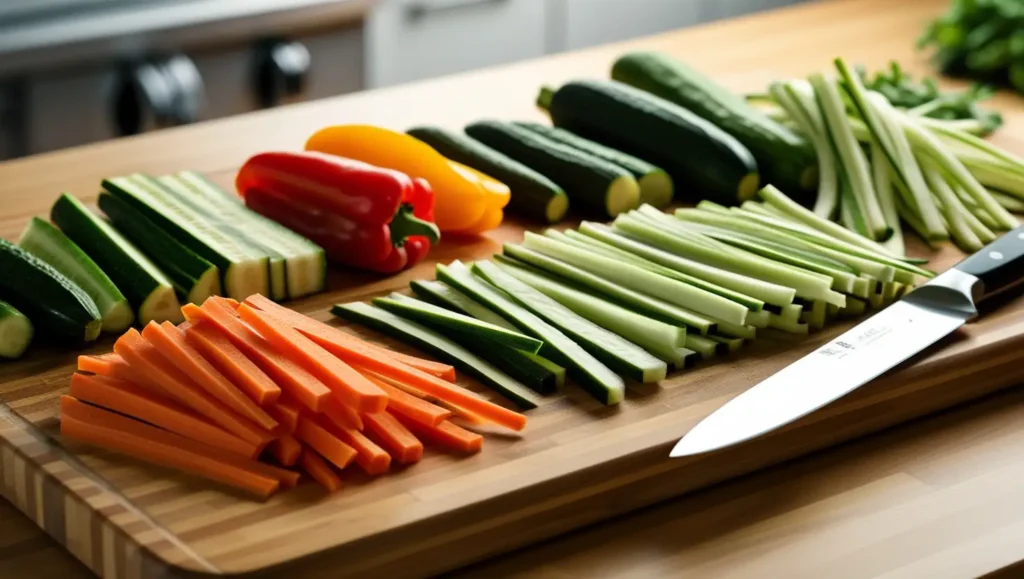 Thin, evenly cut carrot and zucchini strips using the Julienne technique, resembling matchsticks, neatly placed on a wooden cutting board. A sharp chef’s knife rests nearby, with partially sliced carrot and zucchini in the background.