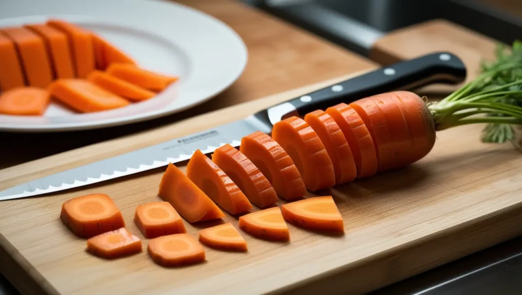 Carrot slices cut into thin, rustic shapes using the paysanne technique, including squares, triangles, and rectangles. The pieces are spread across a wooden cutting board with a chef’s knife nearby, while a white ceramic plate in the background holds more of the paysanne-cut carrot slices.