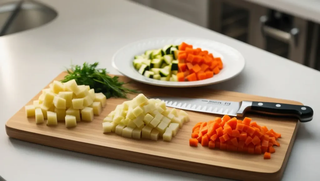 Small, evenly diced carrot and potato cubes cut using the Macédoine technique, neatly placed on a wooden cutting board. A sharp chef’s knife rests nearby, with partially diced carrot and potato pieces in the background.