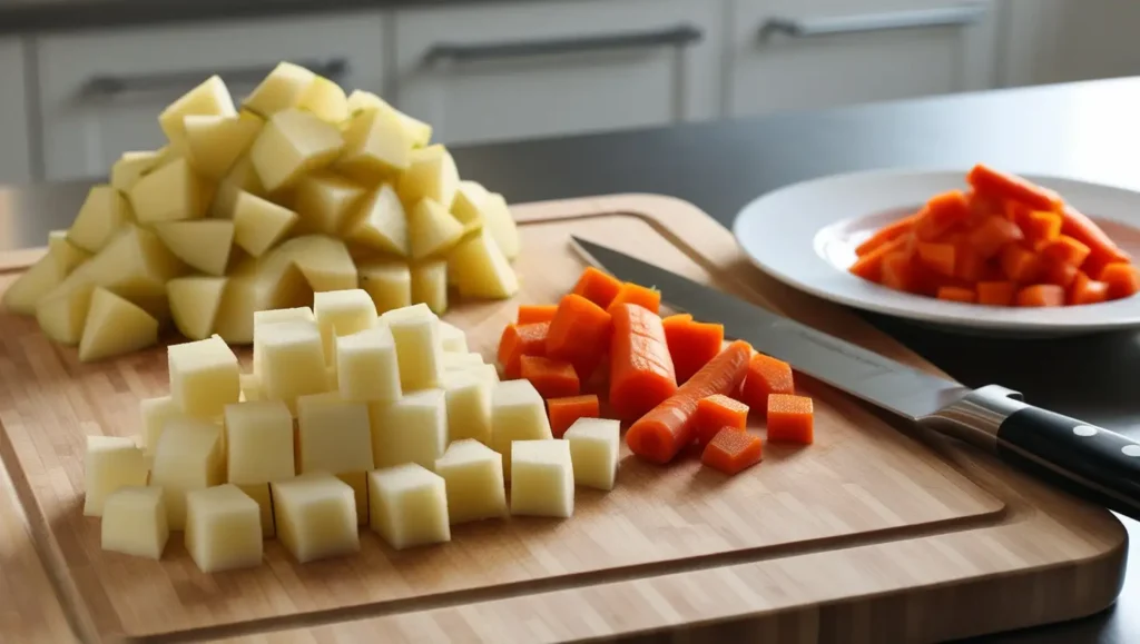 Medium-sized carrot and potato cubes cut using the Parmentier technique, evenly placed on a wooden cutting board. A sharp chef’s knife rests nearby, with partially sliced carrot and potato pieces in the background.