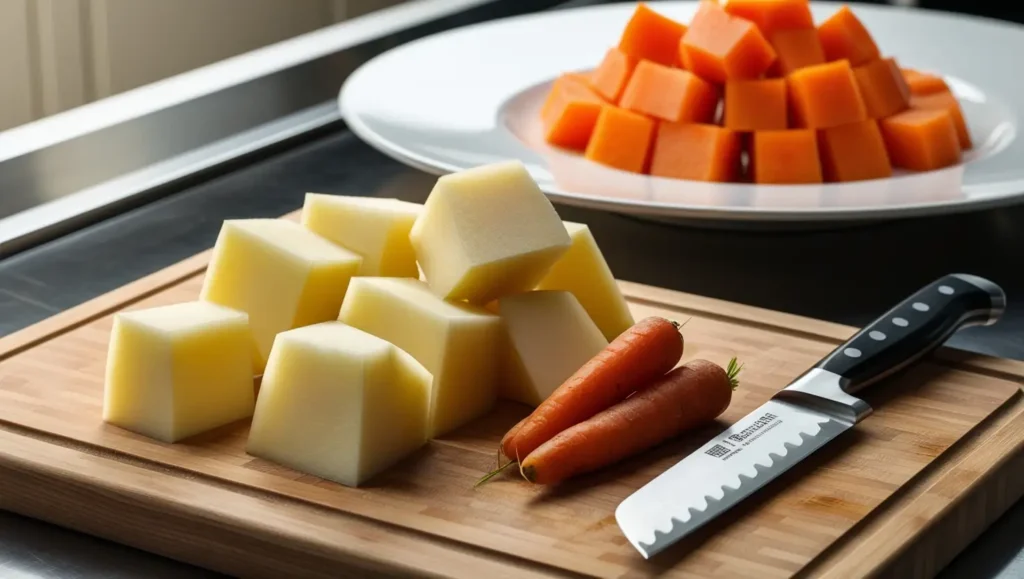 Large carrot and potato cubes cut using the Carré technique, evenly sized and placed on a wooden cutting board. A sharp chef’s knife rests nearby, with partially sliced carrot and potato pieces in the background.