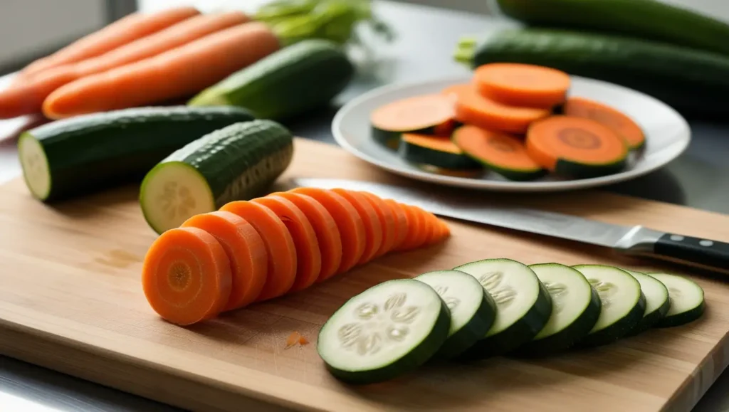 Thin, round carrot slices cut using the rondelle technique, evenly arranged on a wooden cutting board. A sharp chef’s knife lies beside the slices, while a white ceramic plate in the background holds more neatly stacked carrot rounds.