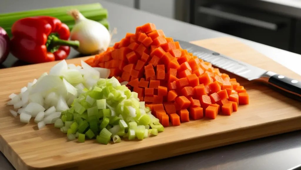 A wooden cutting board with finely diced vegetables, including tiny, uniform cubes of carrots, onions, leeks, celery, and bell peppers. A sharp chef’s knife with a gleaming blade rests beside the neatly arranged diced vegetables. The background features a blurred professional kitchen setting with soft, natural lighting enhancing the freshness and color of the ingredients.