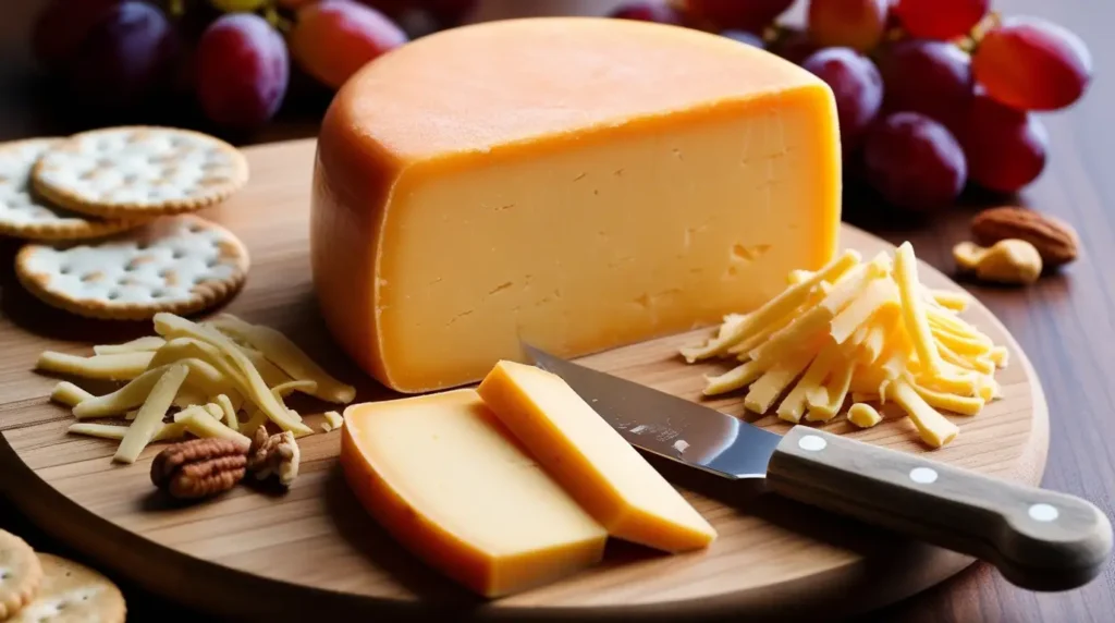 Aged Cheddar cheese block with slices and shredded portions on a wooden board, paired with grapes, nuts, and crackers.