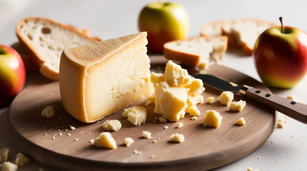 A wedge of Cheshire cheese with a crumbly texture on a wooden board, accompanied by bread, apples, and a cheese knife.