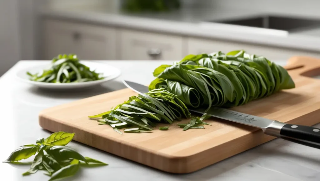 Thin, uniform basil strips cut using the Chiffonade technique, carefully arranged on a wooden cutting board. A sharp chef’s knife rests nearby, with a few whole basil leaves in the background.