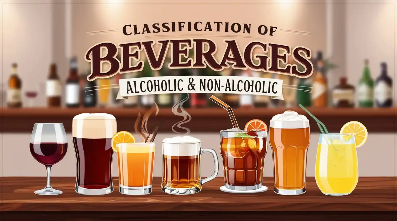 An elegant display of alcoholic and non-alcoholic beverages on a bar counter, featuring wine, beer, whiskey, coffee, juice, and cocktails, with the title 'Classification of Beverages: Alcoholic & Non-Alcoholic'