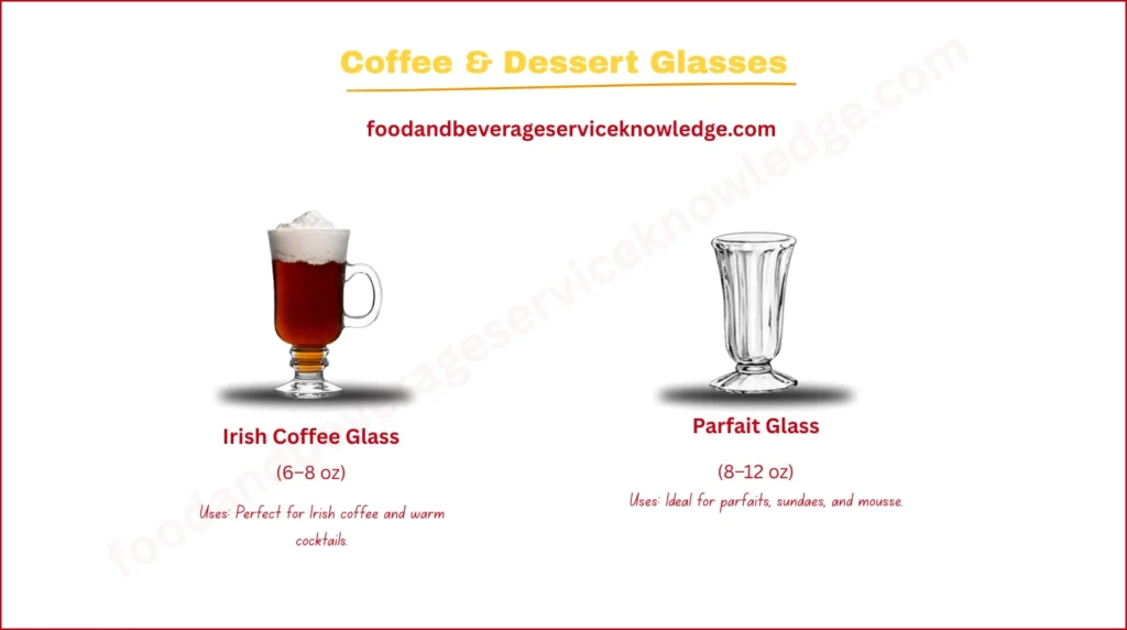 ypes of Coffee & Dessert Glasses – Irish Coffee Glass and Parfait Glass. Learn their sizes, designs, and uses for serving hot drinks and desserts.