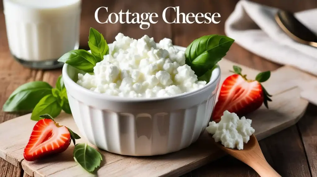 Fresh cottage cheese in a white ceramic bowl with soft curds, garnished with basil and strawberries on a rustic wooden table.