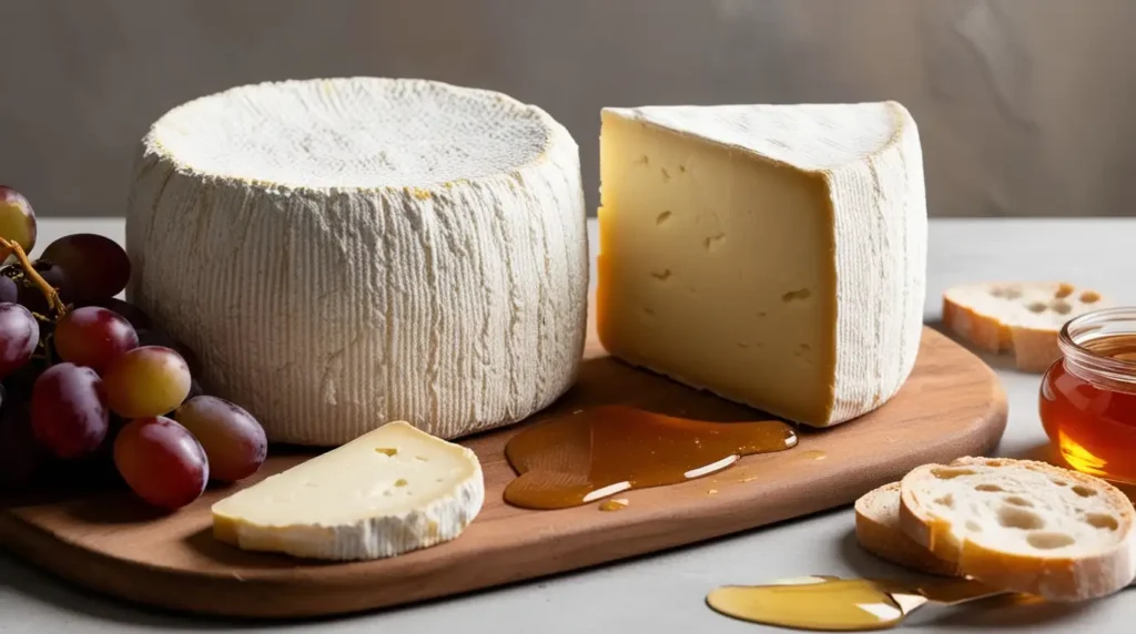 Coulommiers cheese with a bloomy white rind and creamy interior, served with baguette slices, grapes, and honey.