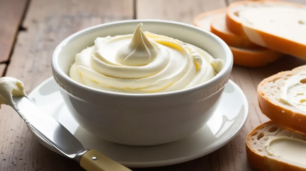 A bowl of fresh, smooth cream cheese with a butter knife resting on the side, set on a rustic wooden table.