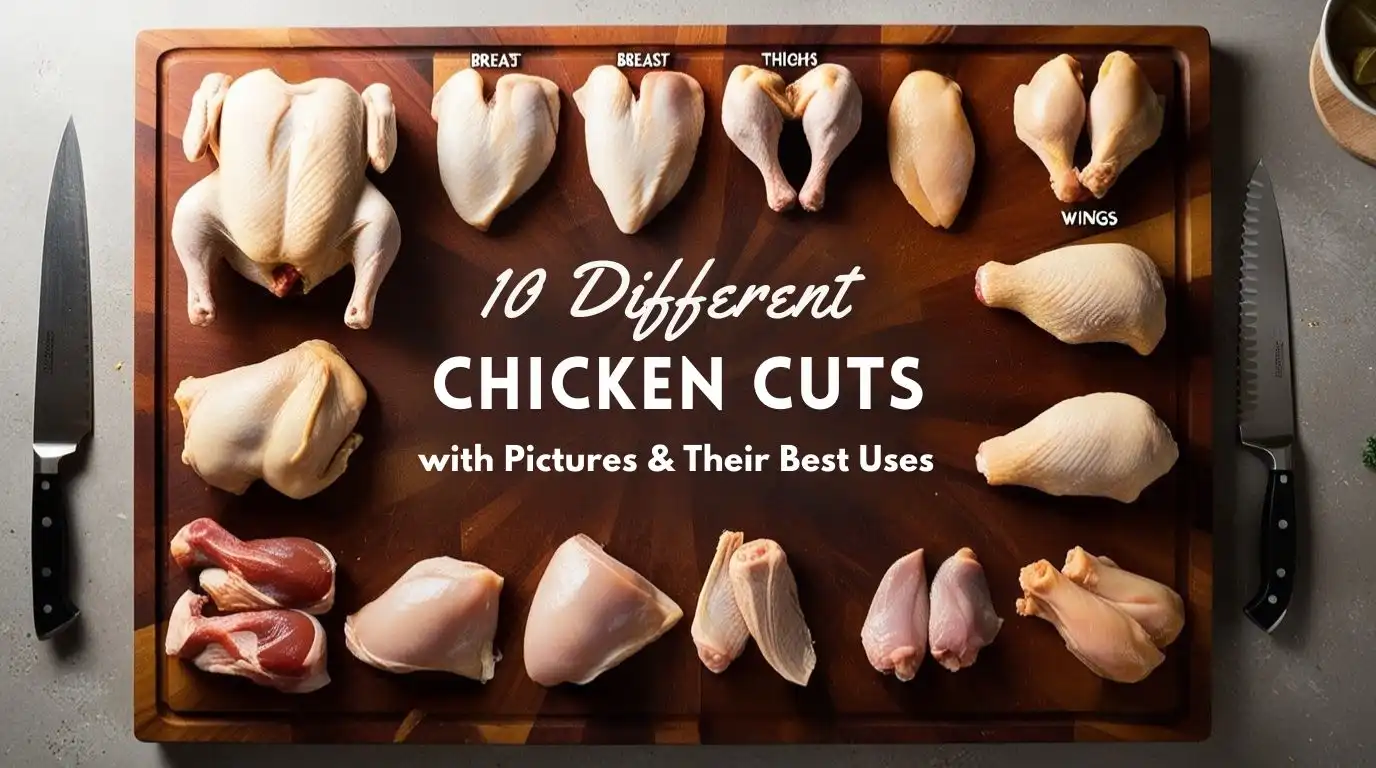 feature image of cuts fo chciken showing differentt chicken cut on a chopping board