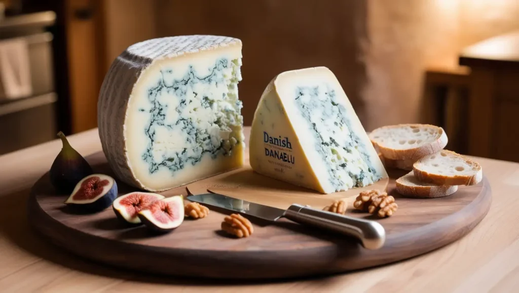 A wheel of Danish Blue cheese with a cut wedge, showcasing its creamy texture and distinctive blue-green mold veins.