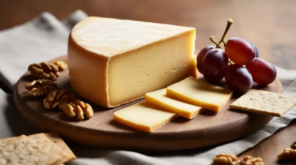 A wedge of Derby cheese with a smooth, creamy texture on a wooden board, accompanied by grapes, walnuts, and crackers.
