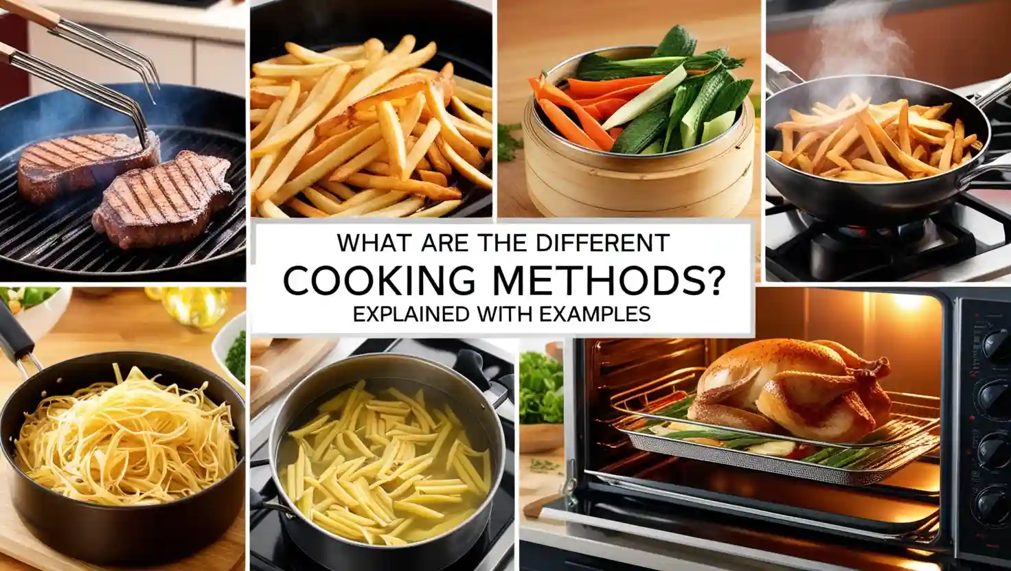 A visual guide to different cooking methods, including grilling, frying, steaming, and roasting, with a professional kitchen background.