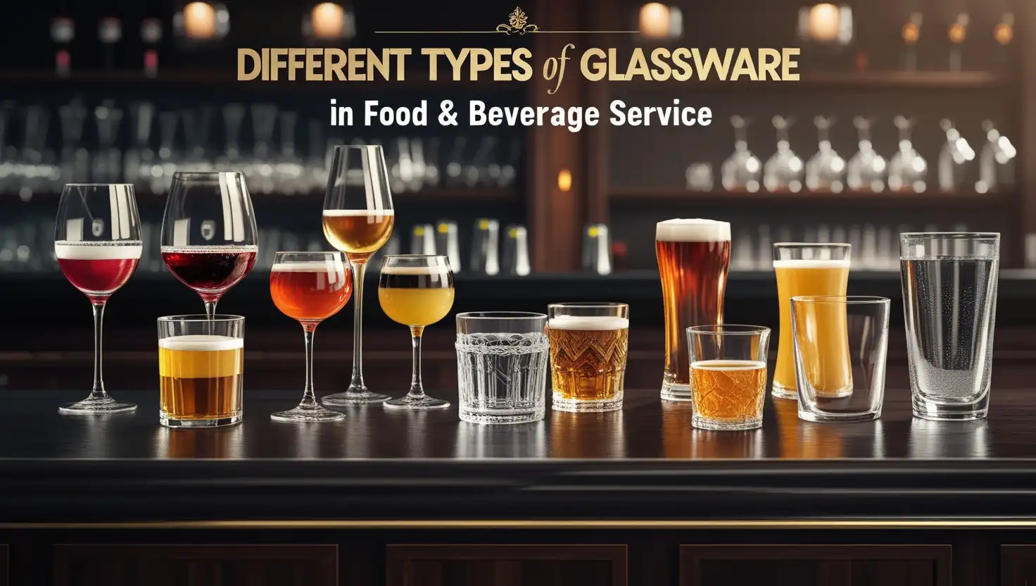 A variety of glassware used in food and beverage service, including wine glasses, cocktail glasses, beer mugs, and coffee glasses, arranged elegantly on a wooden counter with warm lighting.