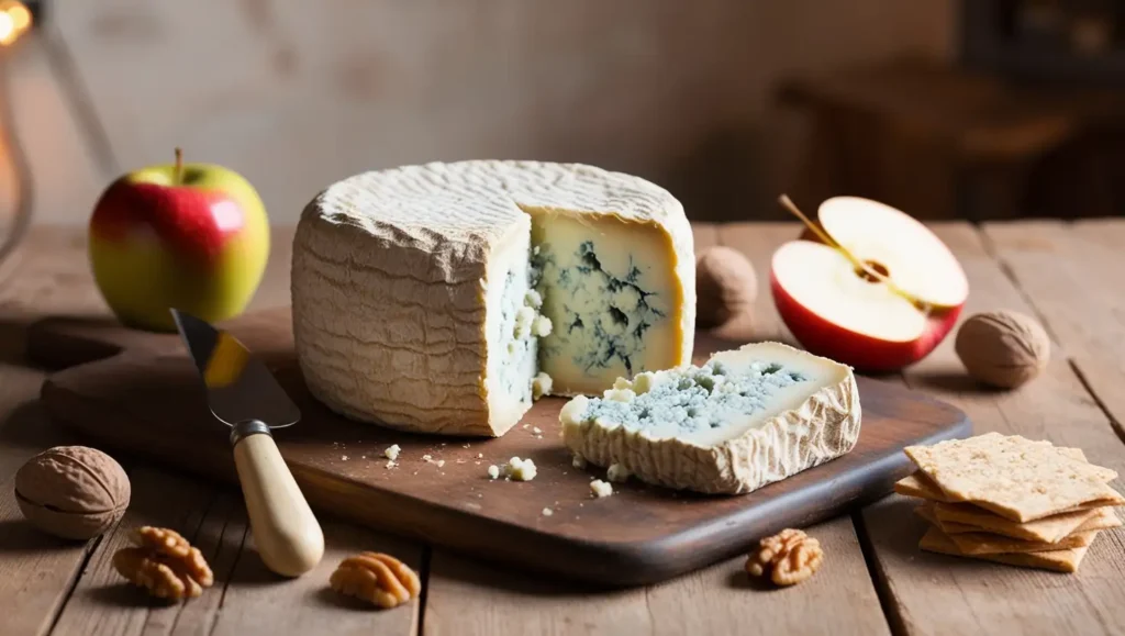 A wheel of Dorset Blue Vinny cheese with a wedge cut out, showcasing its crumbly texture and deep blue veins.