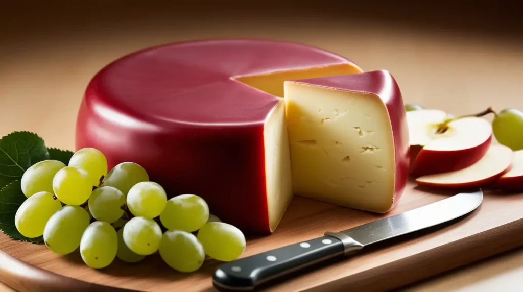 A round Edam cheese with its red wax coating, sliced open to reveal its pale yellow, firm interior, served with grapes and apples.