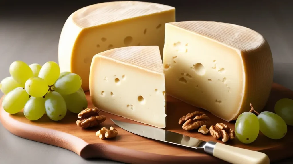 A block of Emmental cheese with its signature round holes, accompanied by green grapes and walnuts on a wooden cheese board.