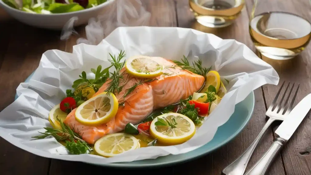 Salmon fillet wrapped in parchment paper with lemon slices, herbs, and vegetables, baked using the en papillote method.