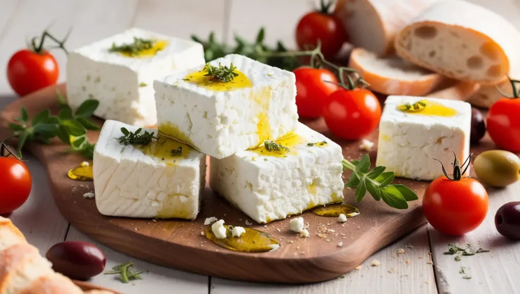 Traditional Feta cheese blocks garnished with olive oil and fresh herbs, served with olives and cherry tomatoes.