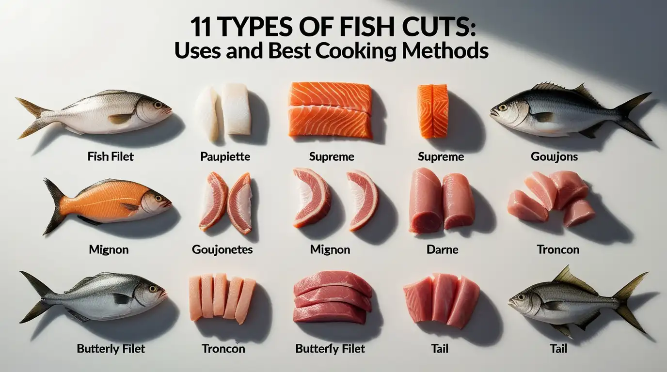 Infographic showing 11 types of fish cuts including fillet, paupiette, supreme, goujons, goujonettes, mignon, darne, tronçon, butterfly fillet, and tail, with labels and cooking methods."